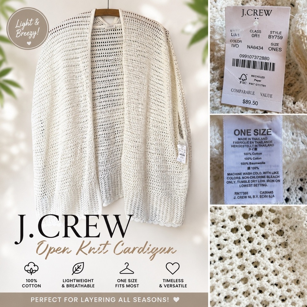 J.Crew Ivory Open Knit Cardigan BY759 Cotton Crochet Scalloped Wrap One Size NWT